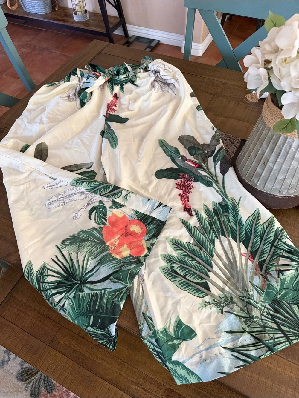 Fashion Nova Cream Tropical High-Waist Wide-Leg Pants Set with top